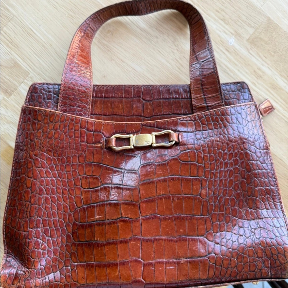 Chic Leather Brown Crocodile Pattern Shoulder Bag… - image 1